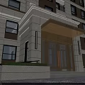 Elegant Entrance Gate With Glass Doors Stone Facade Balconies And Greenery Accents