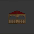 Wooden Gazebo With Red Roof And Hexagonal Design Railing And Platform