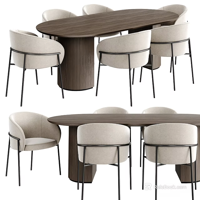 Modern Dining Table And Chairs Set With Oval Wooden Top And Beige Upholstered Seats 3d model 