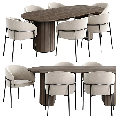Modern Dining Table And Chairs Set With Oval Wooden Top And Beige Upholstered Seats 3d model
