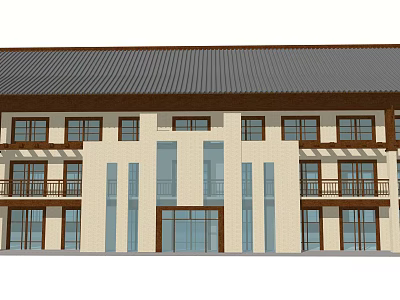 Traditional Style Office Building With Gray Tile Roof Light Walls Multiple Windows And Glass Entrance 3d model