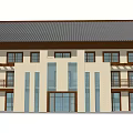 Traditional Style Office Building With Gray Tile Roof Light Walls Multiple Windows And Glass Entrance
