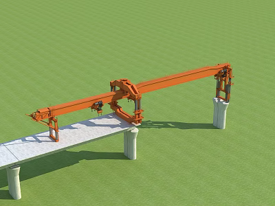Orange Industrial Bridge Girder Launcher Installed On Concrete Pillars For Bridge Construction 3d model