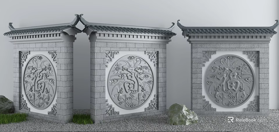 Traditional Chinese Scenic Wall With Stone Brick Structure Circular Carved Relief And Tile Roof Design 3d model 