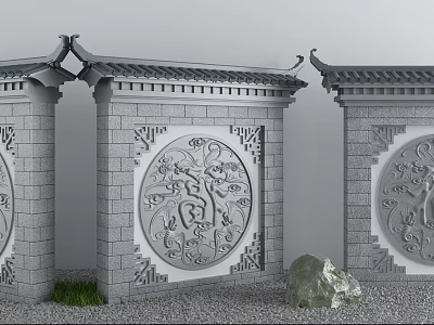 Traditional Chinese Scenic Wall With Stone Brick Structure Circular Carved Relief And Tile Roof Design 3d model