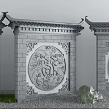 Traditional Chinese Scenic Wall With Stone Brick Structure Circular Carved Relief And Tile Roof Design