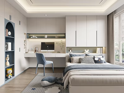 Cozy Modern Tatami Bedroom Interior With Storage Desk Decorative Pillows And Soft Lighting 3d model