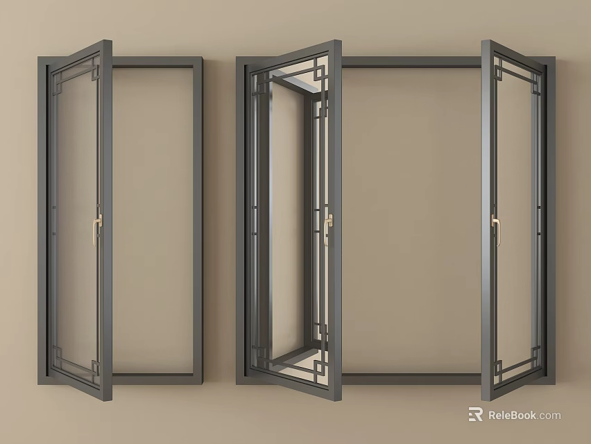 Modern Lattice Windows with Dark Frames Intricate Patterns and Glass Panels on Beige Wall 3d model 