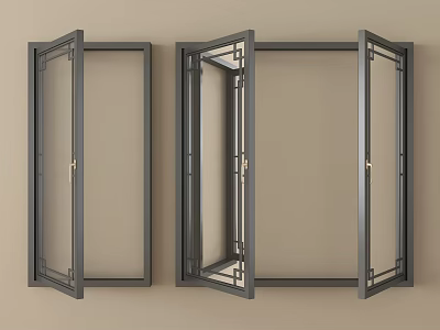 Modern Lattice Windows with Dark Frames Intricate Patterns and Glass Panels on Beige Wall 3d model
