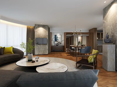 Modern Living Dining Room Interior With Gray Sofa Yellow Cushions Round Coffee Table And Wooden Floor 3d model