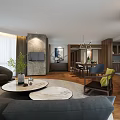 Modern Living Dining Room Interior With Gray Sofa Yellow Cushions Round Coffee Table And Wooden Floor