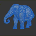White Elephant Sculpture With Curled Trunk And Ornate Body Patterns On Black Background With Reflection
