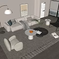 Modern Light Gray Sofa Coffee Table Set with Cushions Throw Blanket White Black Round Tables