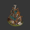 Fairy Tale Style Wooden Cottage With Blue Roof Chimney Sheep And Fence