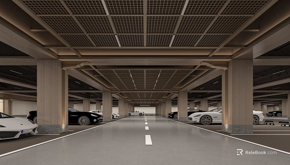 Elegant Modern Spacious Underground Parking Lot With Smooth Floor And Orderly Parked Luxury Vehicles 3d model 