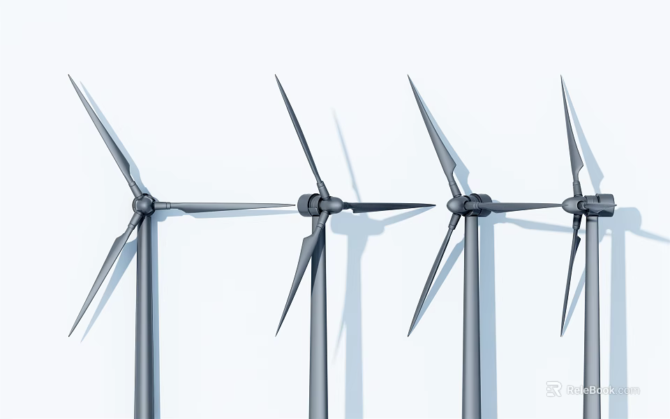 Four Wind Turbines Industrial Equipment with Rotating Blades for Renewable Energy 3d model 