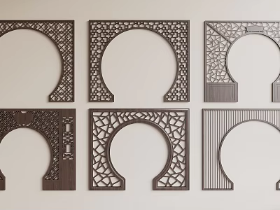 Wooden Partitions With Carved Patterns And Different Shapes Circular Arched Dark Brown On Light Wall 3d model