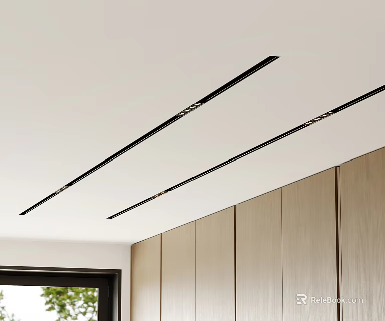 Modern Interior Ceiling Mounted Linear Downlights Spotlights Above Wooden Cabinets 3d model 