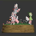 Colorful Fantasy Creatures on Round Base with Grass Flowers Stars and Chlorite Moon