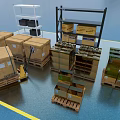 Industrial Equipment Including Metal Shelving Units For Warehouse Storage With Pallets Cardboard Boxes And Forklift