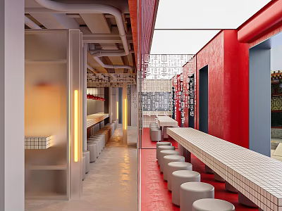 Modern Chinese Restaurant Interior With Red Walls Exposed Pipes White Tiled Bar And Round Stools 3d model