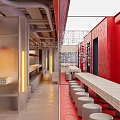 Modern Chinese Restaurant Interior With Red Walls Exposed Pipes White Tiled Bar And Round Stools