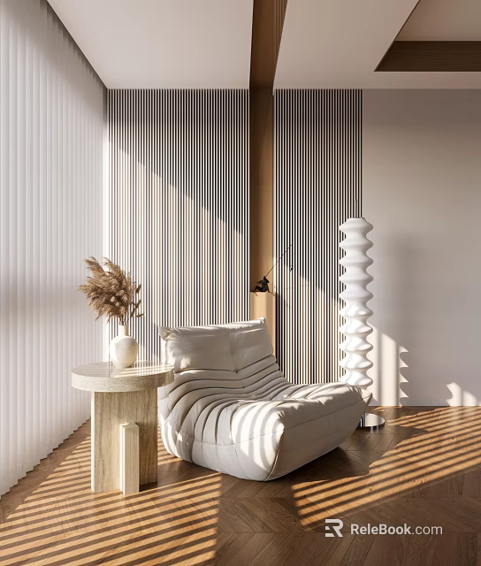 Cozy Lazy Sofa With Striped Wall Sunlight Dried Flowers Round Side Table And Floor Lamp 3d model 