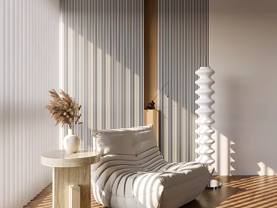 Cozy Lazy Sofa With Striped Wall Sunlight Dried Flowers Round Side Table And Floor Lamp 3d model