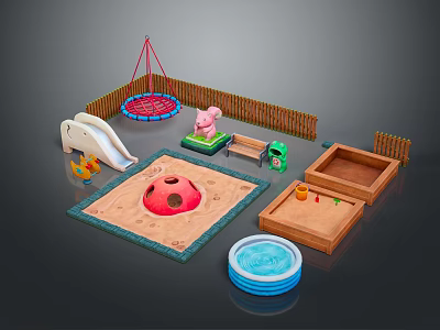 Kids Outdoor Play Area With Swing Trampoline Slide Sandpit And Small Pool 3d model