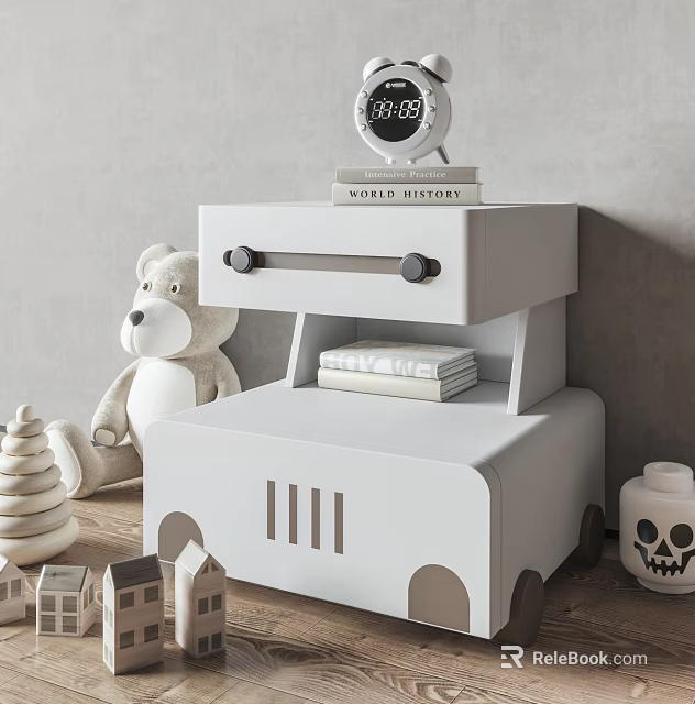 White Entryway Cabinet and Side Cabinet with Drawers Books Stuffed Bear in Kids Room 3d model 