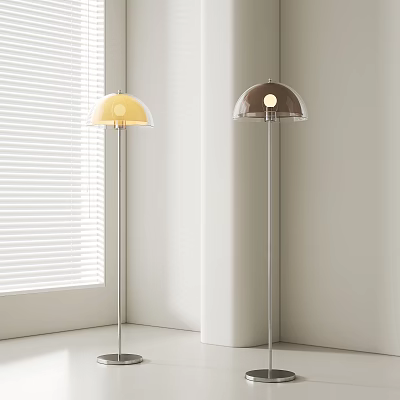Two Modern Floor Lamps Featuring Yellow And Brown Shades In White Interior With Window Blinds 3d model