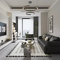 Modern Living And Dining Room Interior With Black Sofa Geometric Rug And Round Pendant Lights