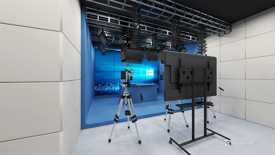 Public Office Space Featuring Blue Background Screen Tripod Equipment And Metal Ceiling 3d model 