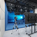 Public Office Space Featuring Blue Background Screen Tripod Equipment And Metal Ceiling