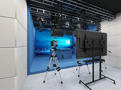 Public Office Space Featuring Blue Background Screen Tripod Equipment And Metal Ceiling 3d model