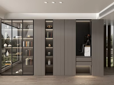 Elegant Modern Living Dining Room Interior With Grey Cabinets Glass Door Bookshelves And Decorative Items 3d model