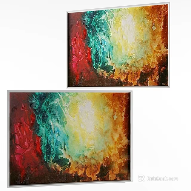 Colorful Abstract Paintings on White Photo Wall with Red Green Yellow Tones 3d model 