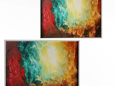 Colorful Abstract Paintings on White Photo Wall with Red Green Yellow Tones 3d model