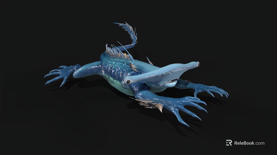 Mythical Blue Aquatic Creature With Spiked Back Sharp Claws Finned Tail And Scaly Skin 3d model 