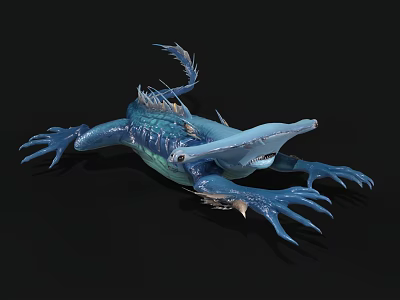 Mythical Blue Aquatic Creature With Spiked Back Sharp Claws Finned Tail And Scaly Skin 3d model