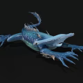 Mythical Blue Aquatic Creature With Spiked Back Sharp Claws Finned Tail And Scaly Skin