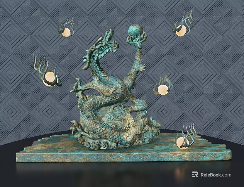 Intricate Bronze Dragon Sculpture Coiled On Square Base With Glowing Orbs 3d model 
