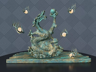 Intricate Bronze Dragon Sculpture Coiled On Square Base With Glowing Orbs 3d model