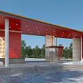 Entrance Gate Featuring Red Roof Golden Decorations Red Walls Columns Glass Door And Stone Steps