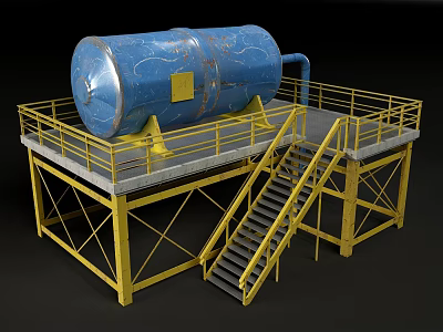 Industrial Storage Tank Equipment Mounted On Yellow Metal Platform With Railing And Staircase 3d model