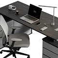 Modern Office Desk With Laptop Desk Lamp Ergonomic Chair Storage Drawers And Shelves