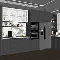 Modern Kitchen Sideboard With Black Cabinetry Glass Doors And Marble Countertop