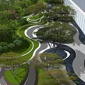 Modern Courtyard Garden With Curved Pathways Green Trees And Patterned Paving 3d model