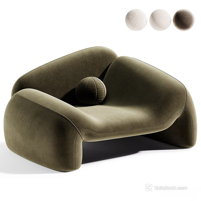 Olive Green Velvet Lounge Chair With Unique Curved Design And Ball Cushion Modern Living Room 3d model 