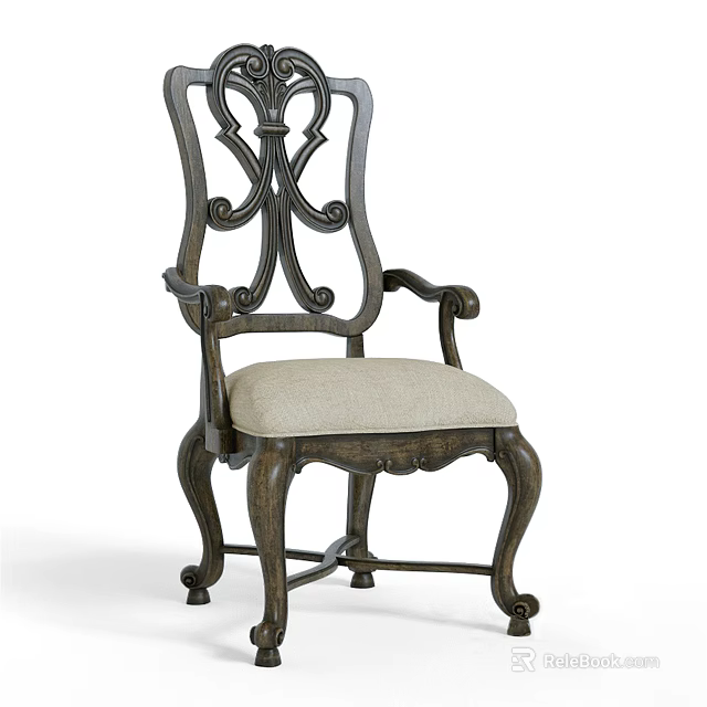 Vintage Style Accent Chair With Carved Backrest Curved Armrests Wooden Frame And Upholstered Seat 3d model 
